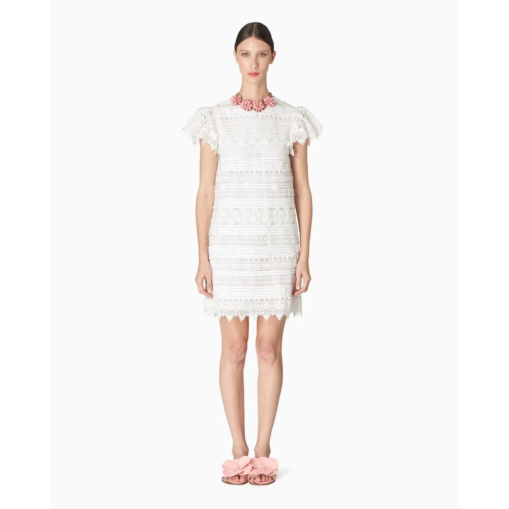 NWT. $2290 Carolina Herrera Embroidered Mini Shift Dress with Ruffle Sleeves Sz6